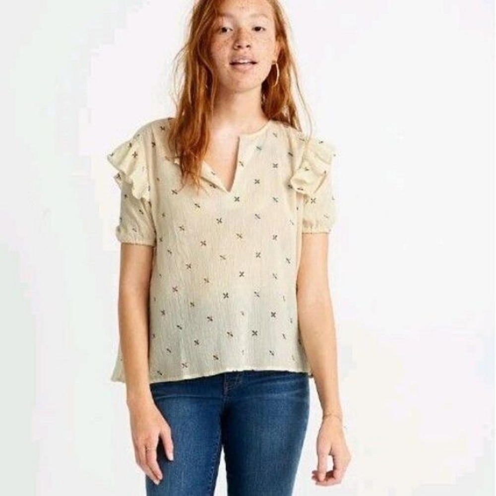 Madewell Top XS Gazebo Gauze Embroidered‎ Ruffle Sleeve Blouse Cottage Core New
